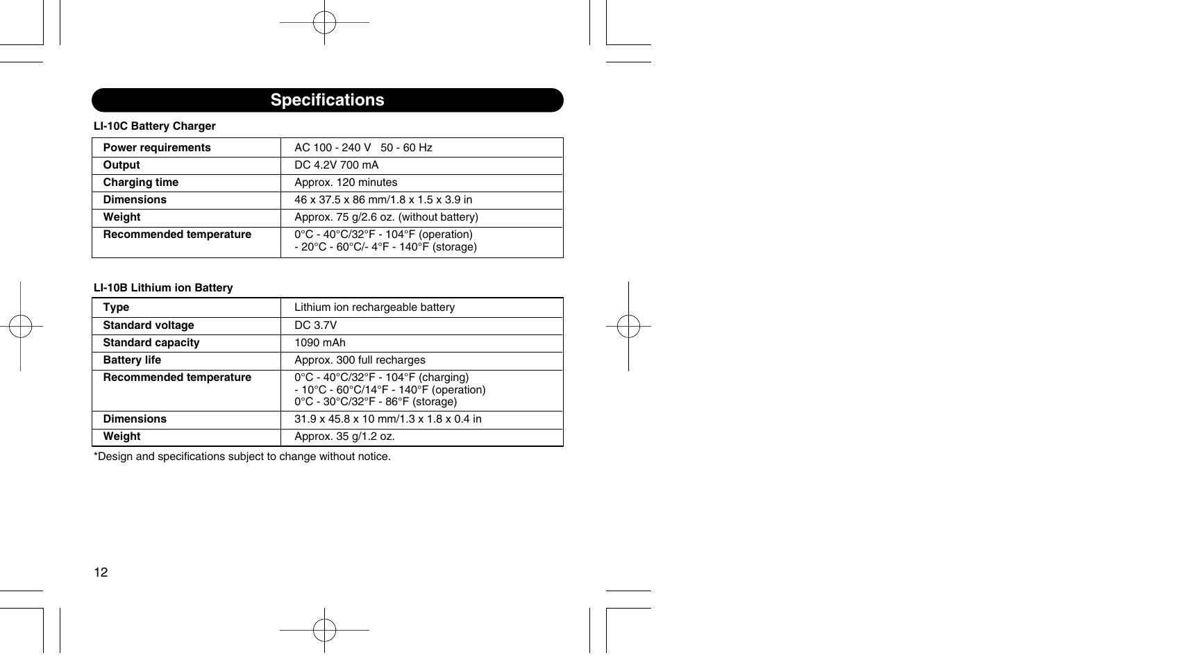 Specifications | Olympus LI 10C User Manual | Page 7 / 35