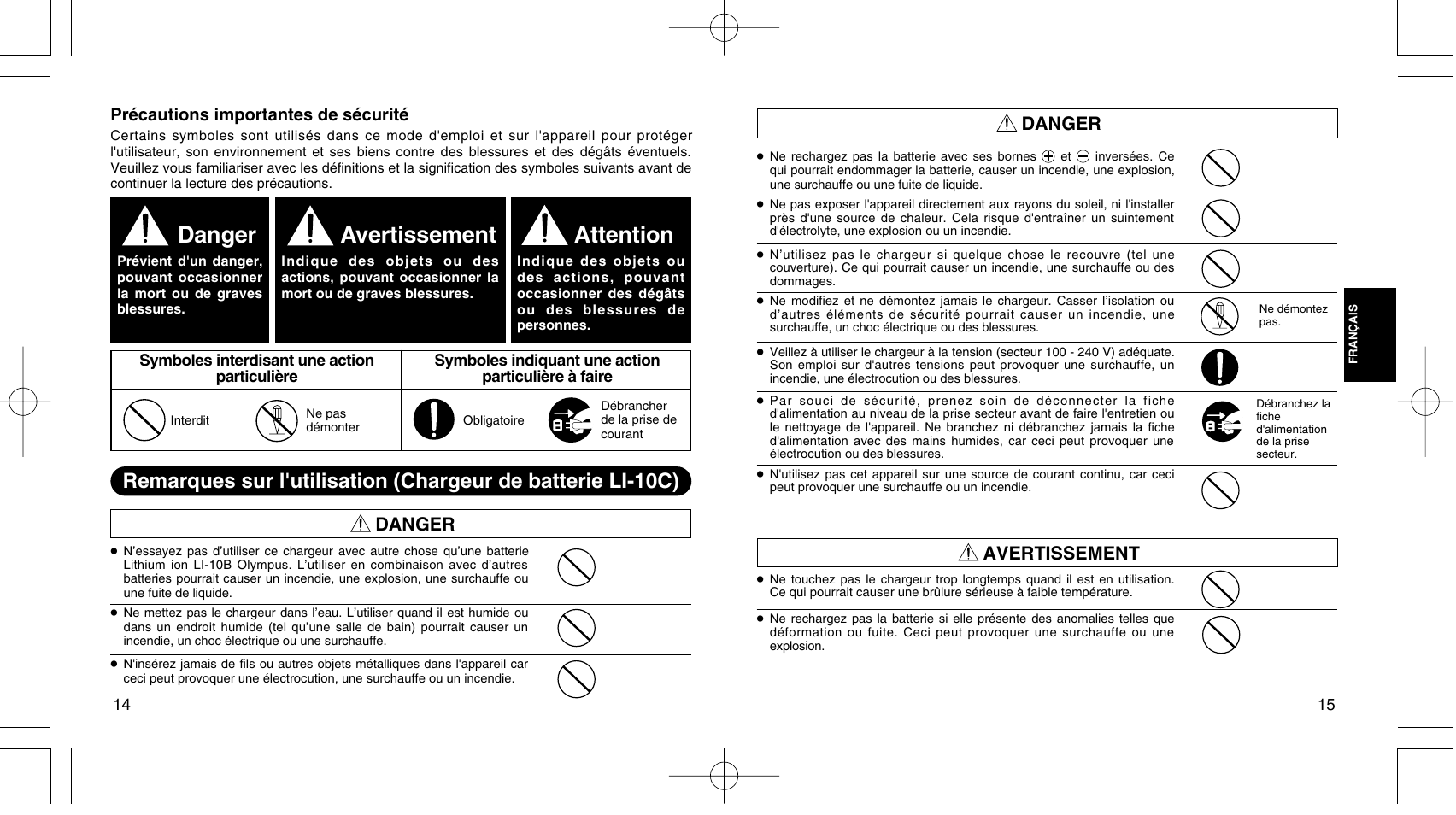 Danger, Avertissement, Attention | Olympus LI 10C User Manual | Page 9 / 35