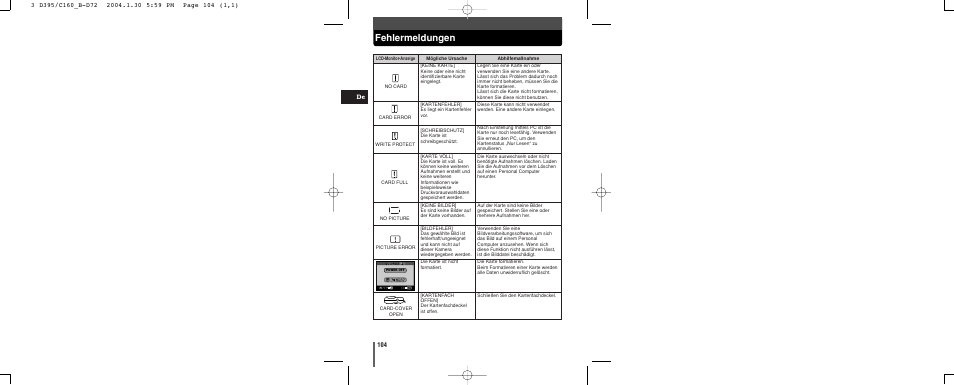 Fehlermeldungen | Olympus CAMEDIA C-160 User Manual | Page 104 / 148