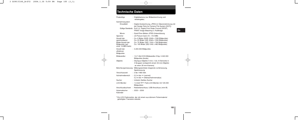 Technische daten | Olympus CAMEDIA C-160 User Manual | Page 105 / 148