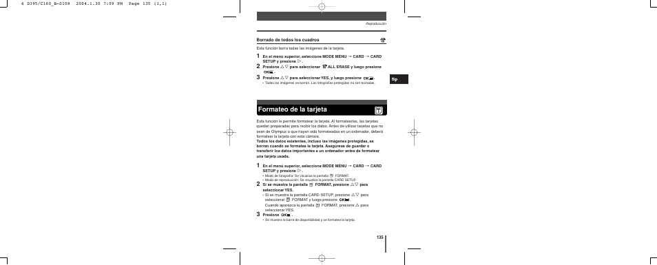 Formateo de la tarjeta | Olympus CAMEDIA C-160 User Manual | Page 135 / 148