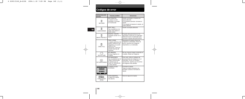 Códigos de error | Olympus CAMEDIA C-160 User Manual | Page 140 / 148