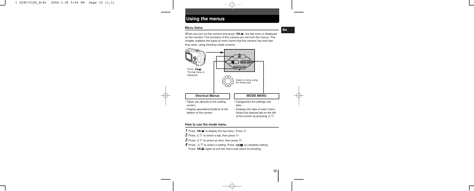 Using the menus | Olympus CAMEDIA C-160 User Manual | Page 15 / 148