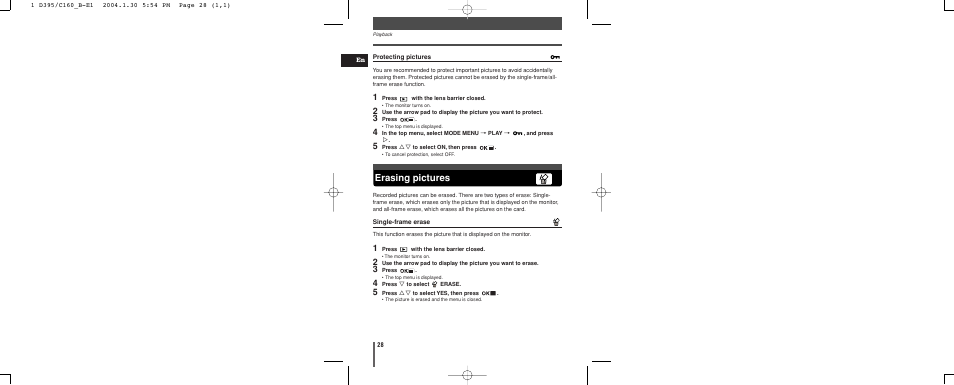 Erasing pictures | Olympus CAMEDIA C-160 User Manual | Page 28 / 148