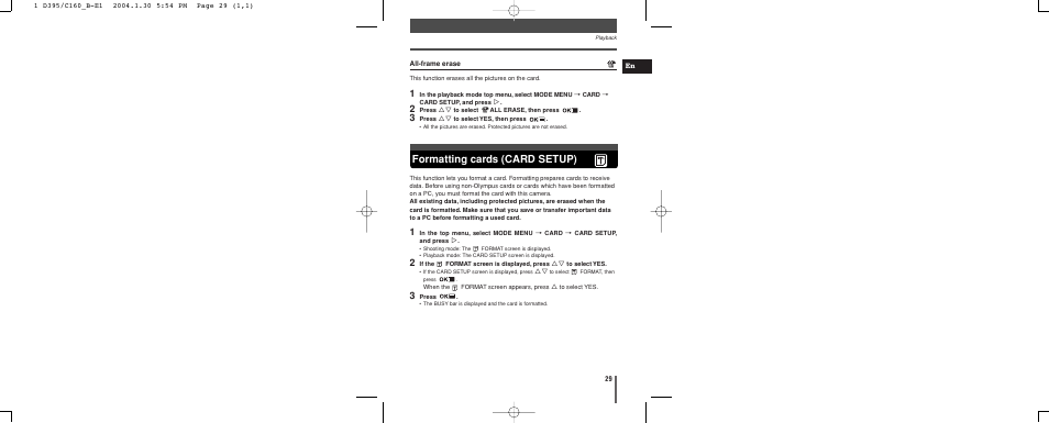 Formatting cards (card setup) | Olympus CAMEDIA C-160 User Manual | Page 29 / 148