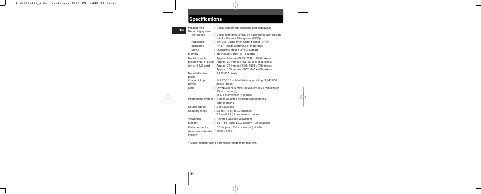 Specifications | Olympus CAMEDIA C-160 User Manual | Page 34 / 148