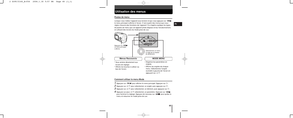 Utilisation des menus | Olympus CAMEDIA C-160 User Manual | Page 49 / 148