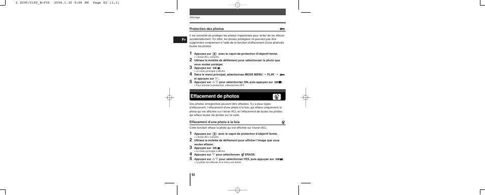 Effacement de photos | Olympus CAMEDIA C-160 User Manual | Page 62 / 148