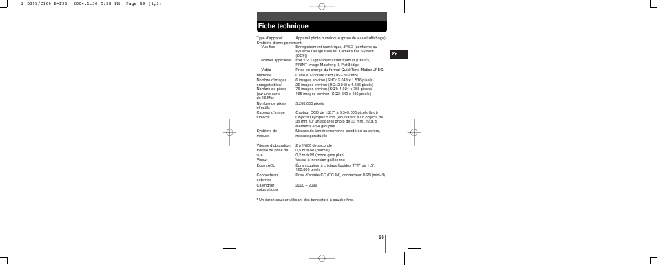 Fiche technique | Olympus CAMEDIA C-160 User Manual | Page 69 / 148