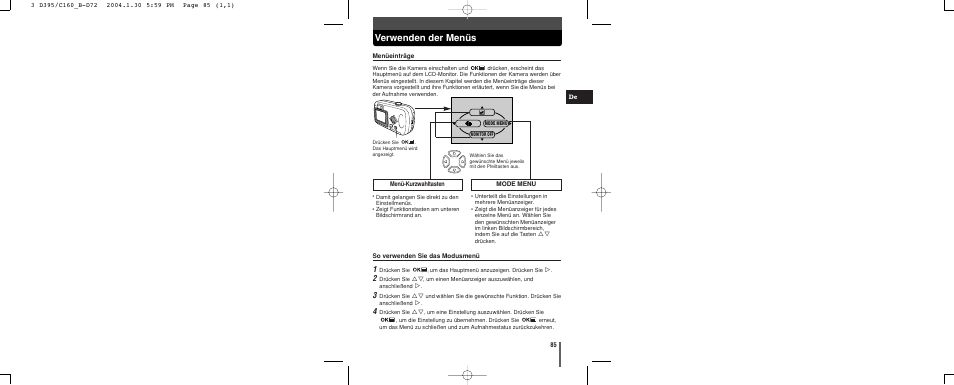Verwenden der menüs | Olympus CAMEDIA C-160 User Manual | Page 85 / 148