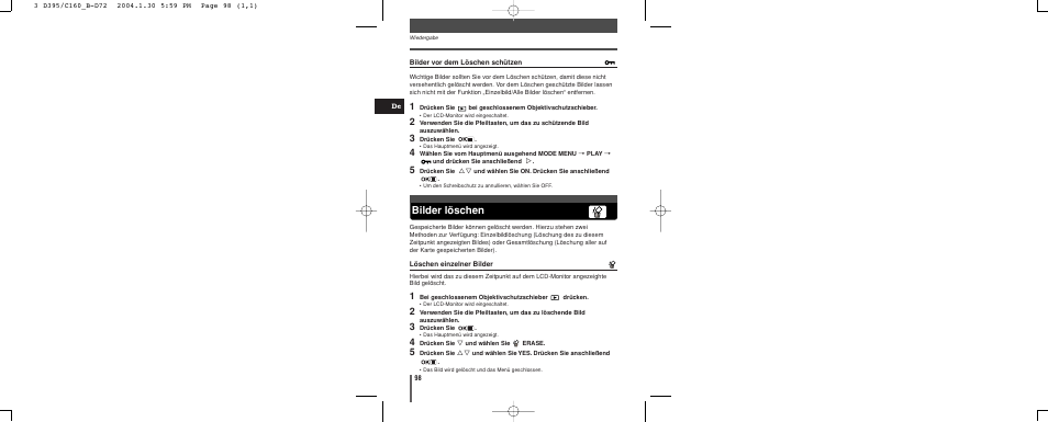 Bilder löschen | Olympus CAMEDIA C-160 User Manual | Page 98 / 148