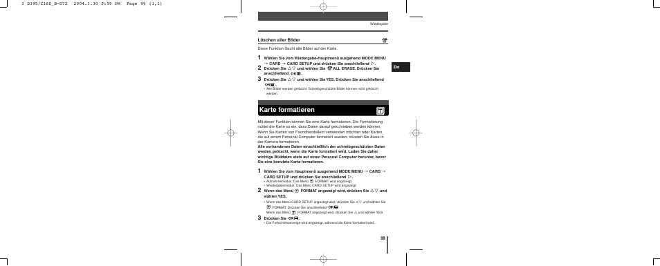 Karte formatieren | Olympus CAMEDIA C-160 User Manual | Page 99 / 148