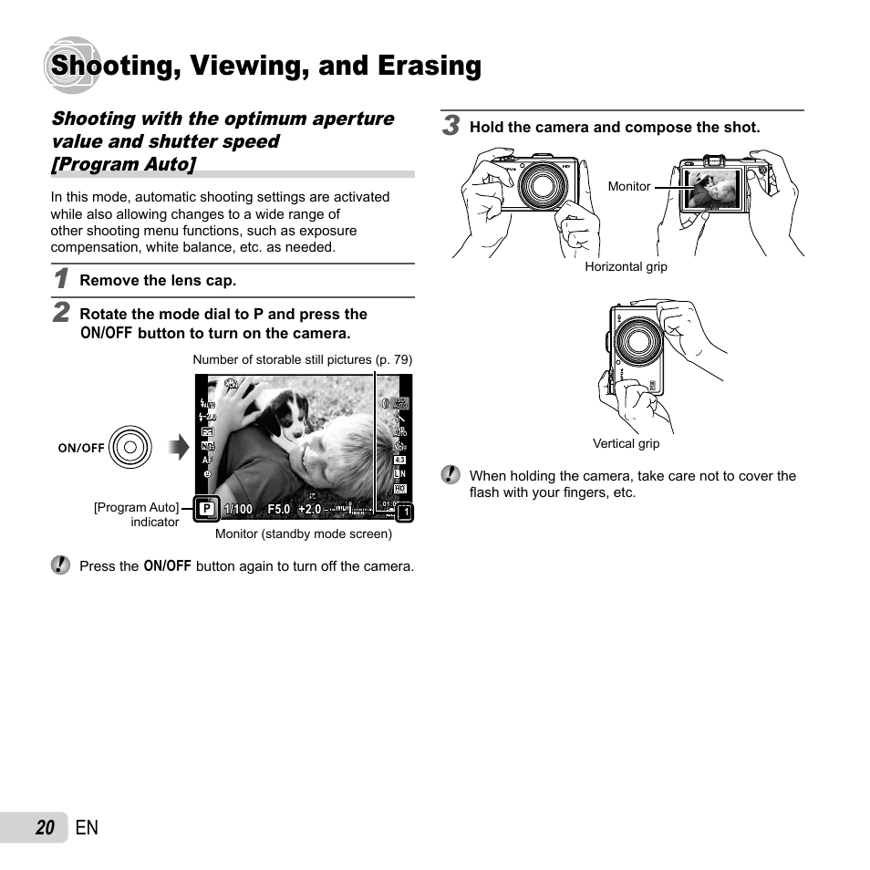 Shooting, viewing, and erasing, 20 en | Olympus XZ-1 User Manual | Page 20 / 94