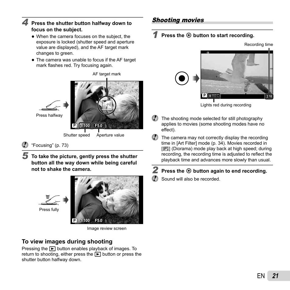 21 en, Shooting movies | Olympus XZ-1 User Manual | Page 21 / 94