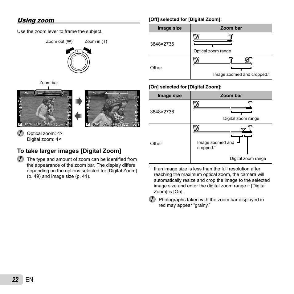 22 en, Using zoom, Use the zoom lever to frame the subject | Optical zoom: 4× digital zoom: 4, Other, Zoom out (w) zoom in (t), Zoom bar, Optical zoom range, Image zoomed and cropped, Digital zoom range | Olympus XZ-1 User Manual | Page 22 / 94