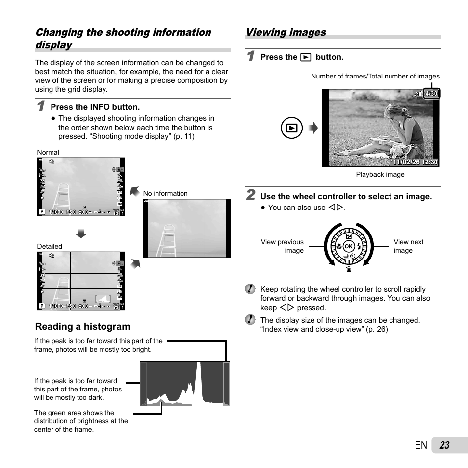23 en, Changing the shooting information display, Viewing images | Reading a histogram, Press the info button, Press the q button, Use the wheel controller to select an image, You can also use hi, No information detailed, Normal | Olympus XZ-1 User Manual | Page 23 / 94