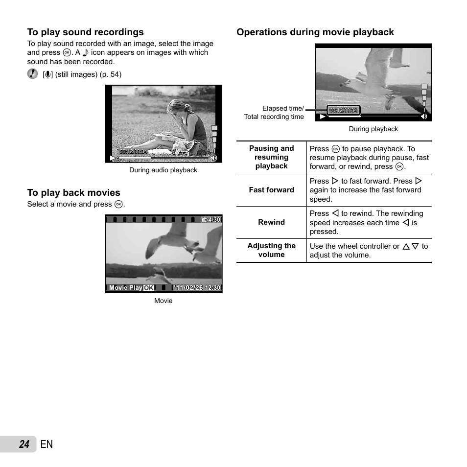 24 en, Operations during movie playback | Olympus XZ-1 User Manual | Page 24 / 94