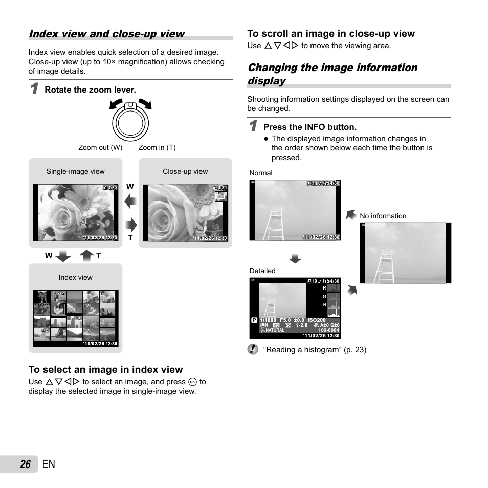 26 en, Index view and close-up view, Changing the image information display | Rotate the zoom lever, Press the info button | Olympus XZ-1 User Manual | Page 26 / 94
