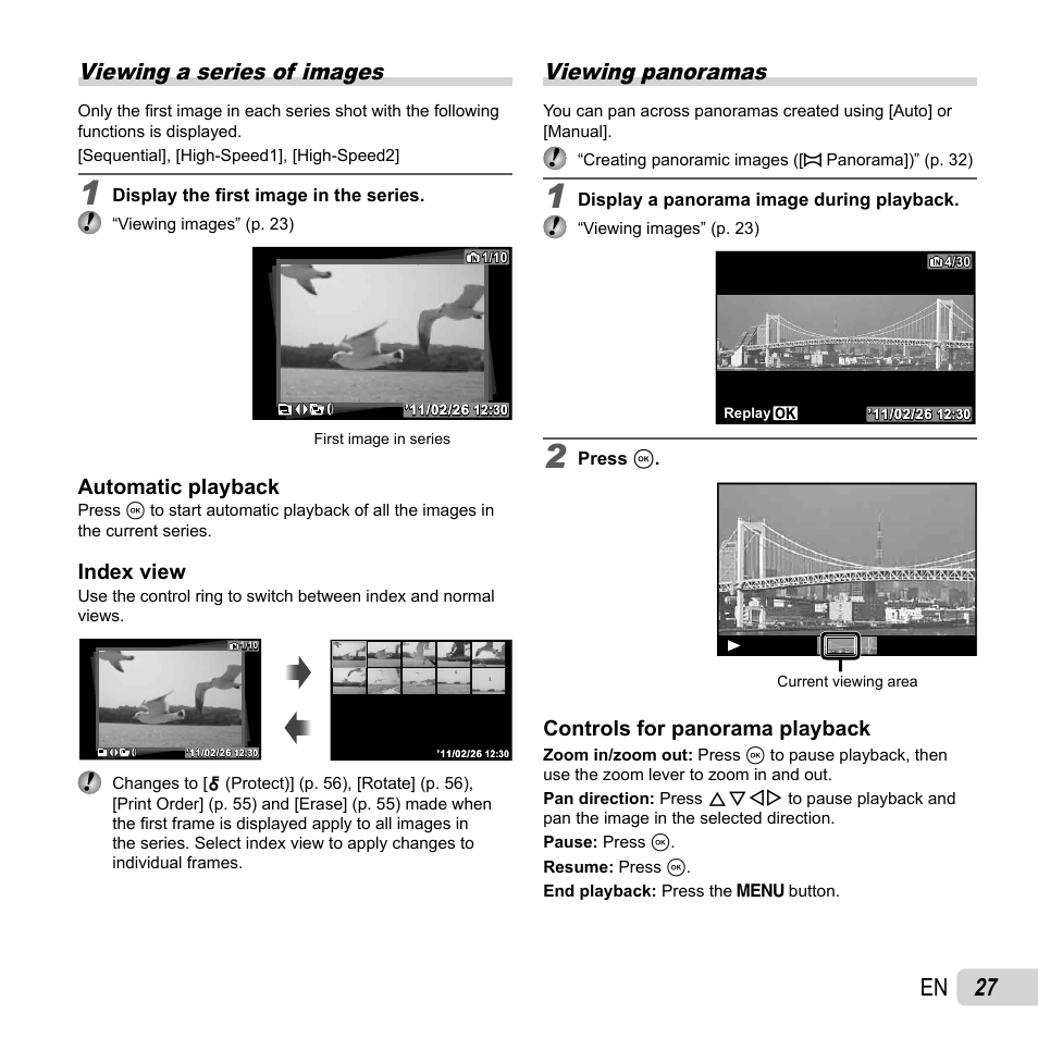 27 en, Viewing a series of images, Viewing panoramas | Automatic playback, Index view, Controls for panorama playback | Olympus XZ-1 User Manual | Page 27 / 94