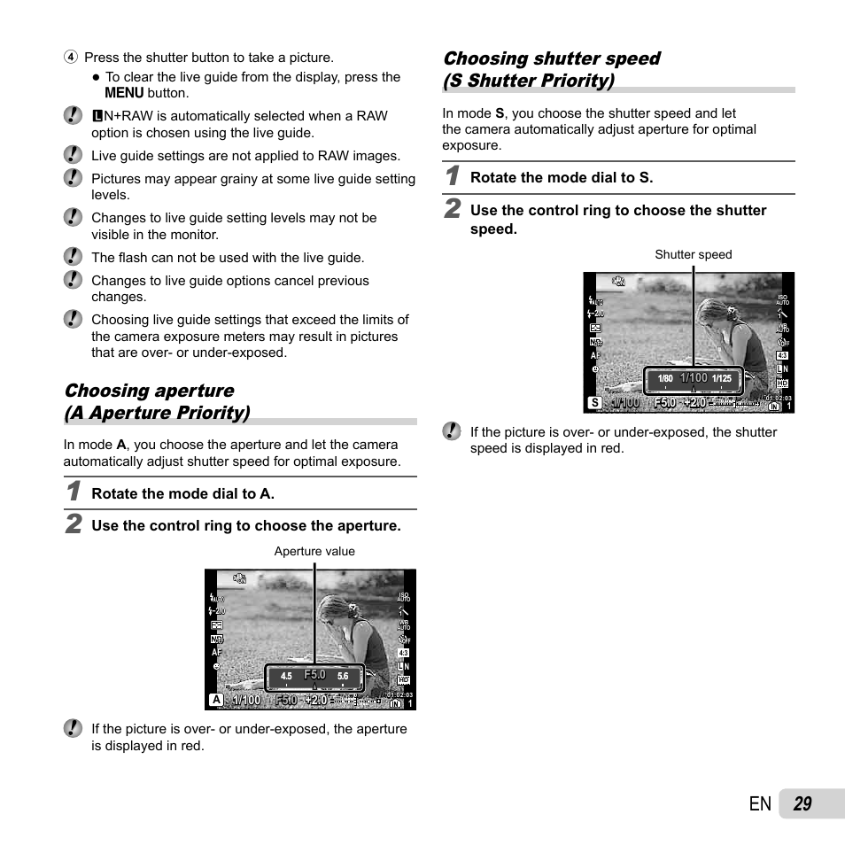 29 en, Choosing aperture (a aperture priority), Choosing shutter speed (s shutter priority) | Rotate the mode dial to a, Use the control ring to choose the aperture, Rotate the mode dial to s, Use the control ring to choose the shutter speed | Olympus XZ-1 User Manual | Page 29 / 94