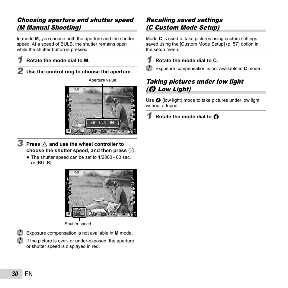 30 en, Recalling saved settings (c custom mode setup), Taking pictures under low light ( h low light) | Olympus XZ-1 User Manual | Page 30 / 94