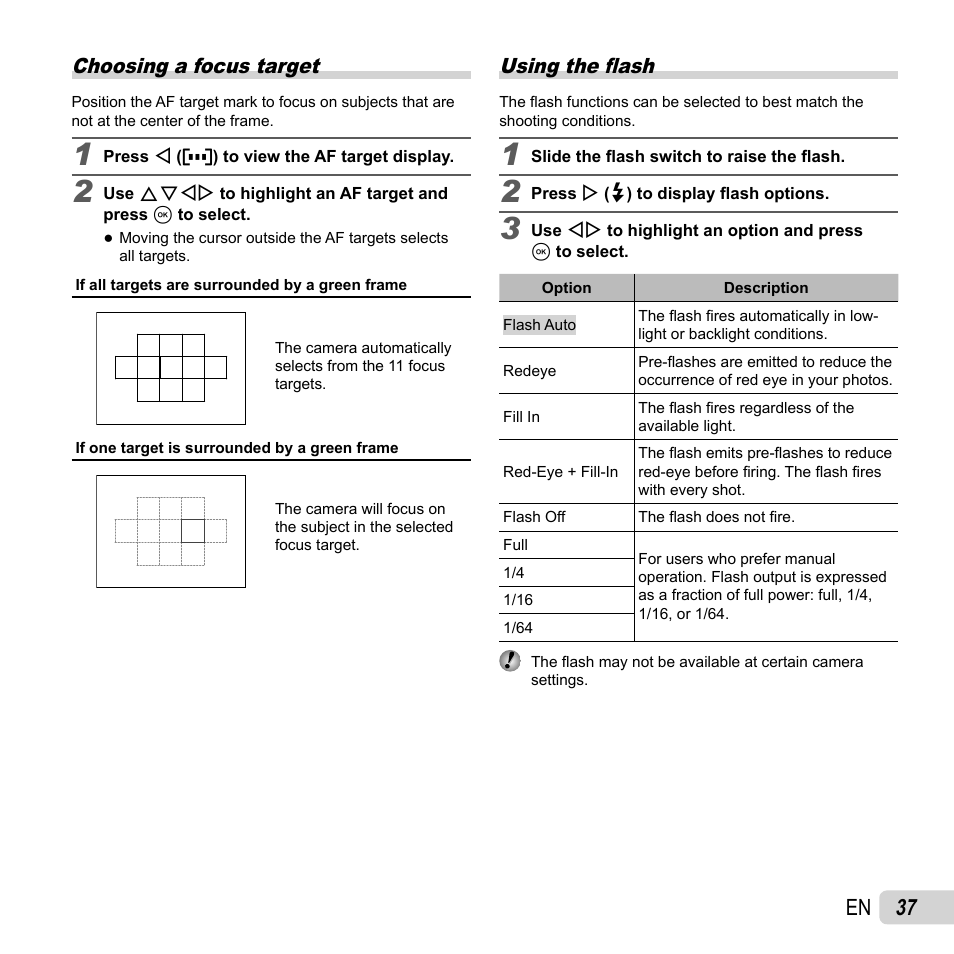 37 en, Choosing a focus target, Using the fl ash | Olympus XZ-1 User Manual | Page 37 / 94