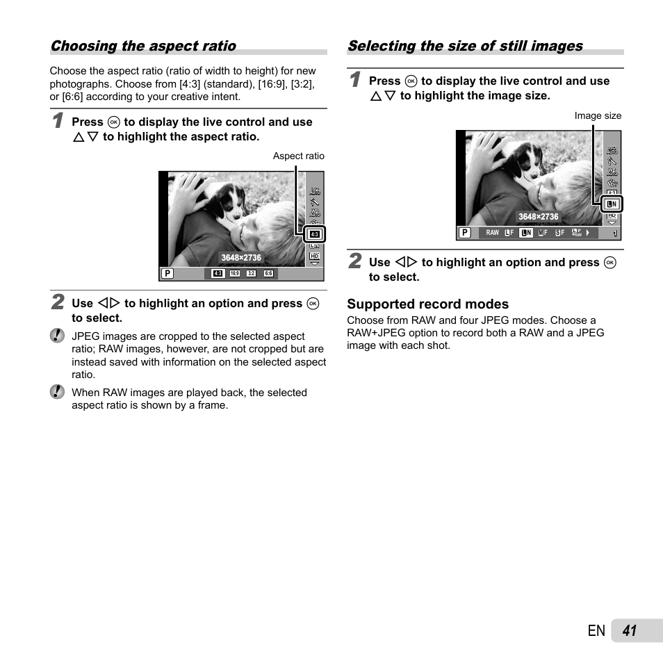 41 en, Choosing the aspect ratio, Selecting the size of still images | Supported record modes | Olympus XZ-1 User Manual | Page 41 / 94