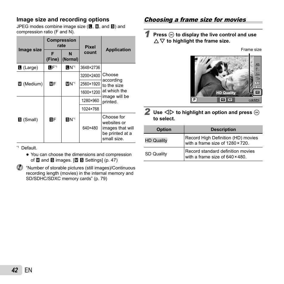 42 en, Choosing a frame size for movies, Image size and recording options | Olympus XZ-1 User Manual | Page 42 / 94
