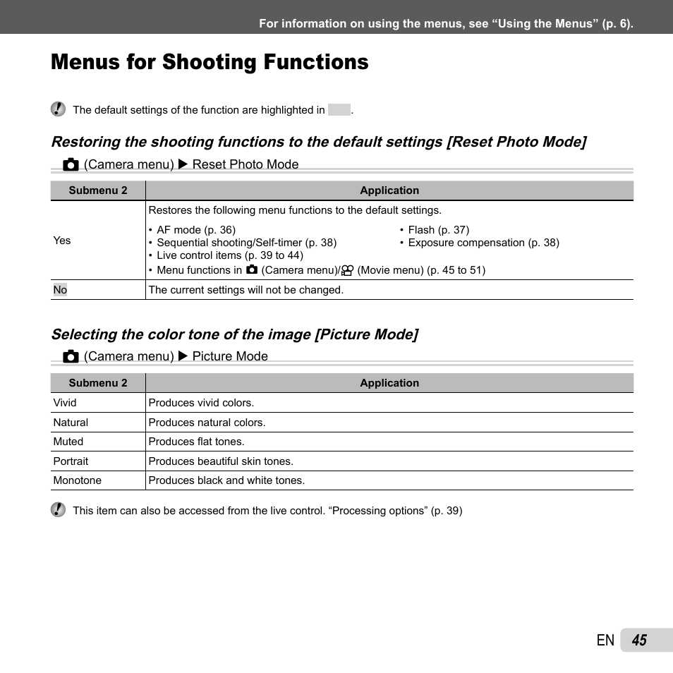Menus for shooting functions, 45 en | Olympus XZ-1 User Manual | Page 45 / 94