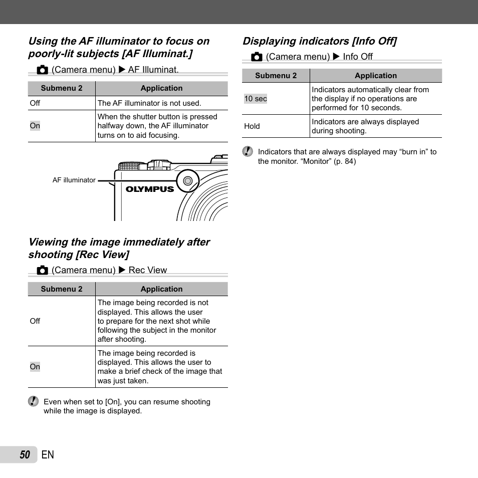 50 en, Displaying indicators [info off, Displaying indicators [info off] z | Olympus XZ-1 User Manual | Page 50 / 94