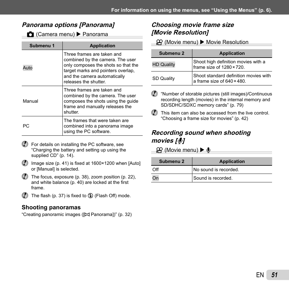 51 en, Panorama options [panorama, Panorama options [panorama] z | Olympus XZ-1 User Manual | Page 51 / 94