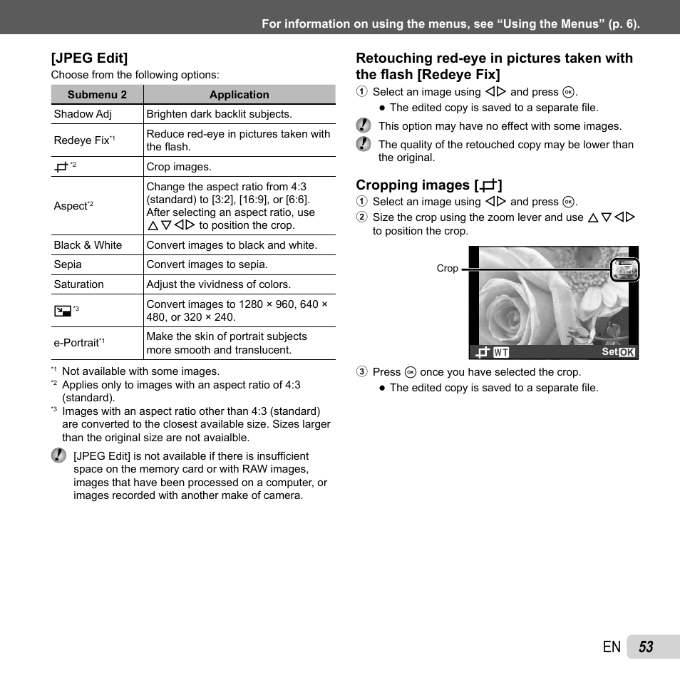 53 en, Jpeg edit, Cropping images | Cropping images [ p p | Olympus XZ-1 User Manual | Page 53 / 94