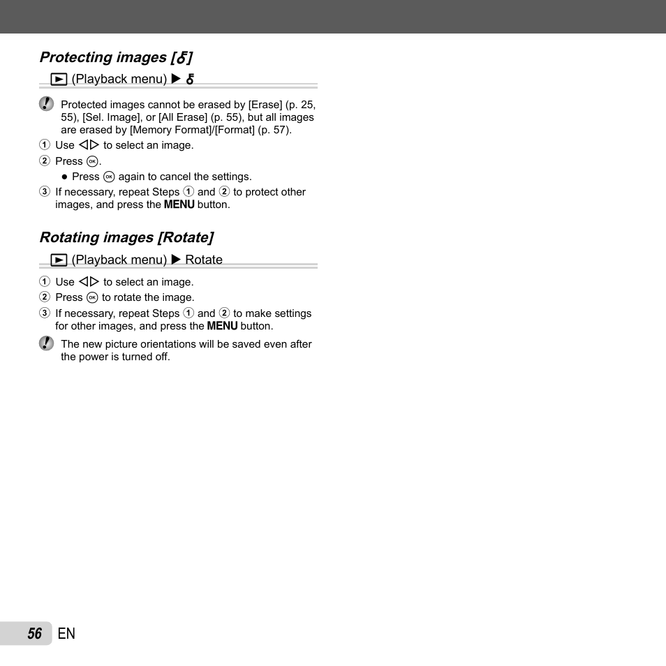 56 en, Protecting images [ protecting images, Rotating images [rotate | Olympus XZ-1 User Manual | Page 56 / 94