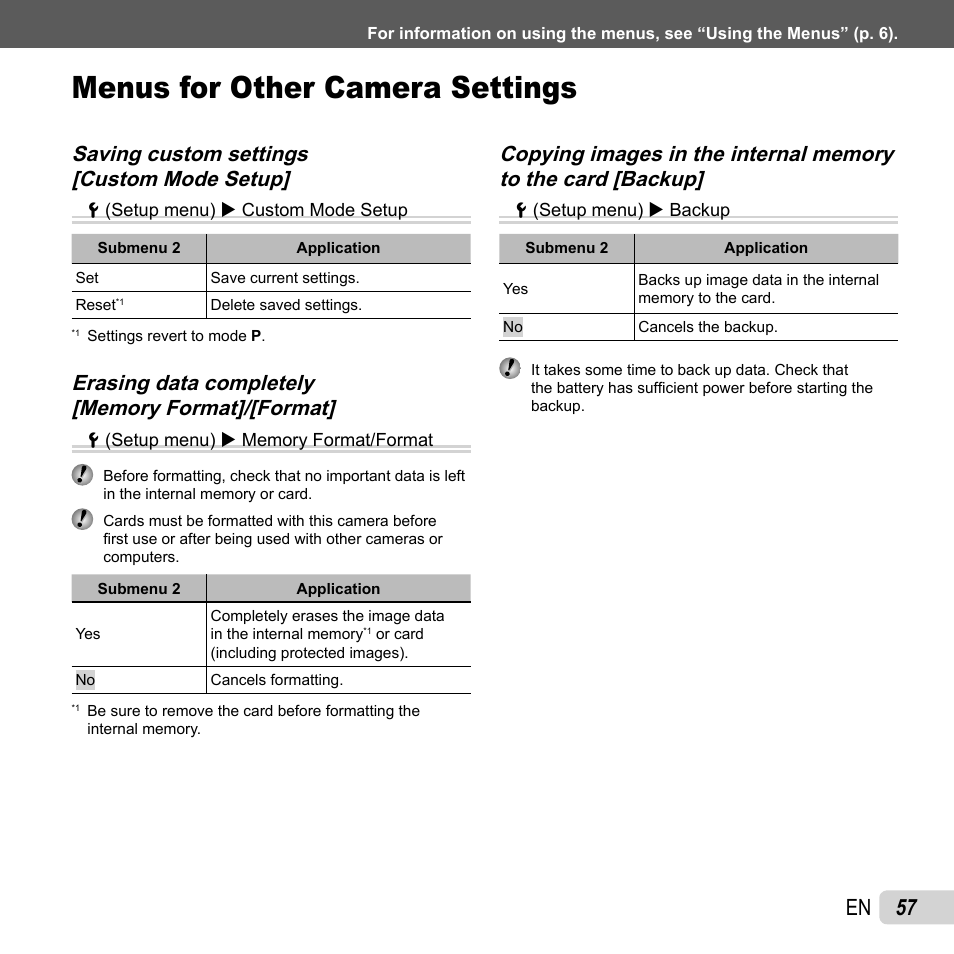 Menus for other camera settings, 57 en | Olympus XZ-1 User Manual | Page 57 / 94