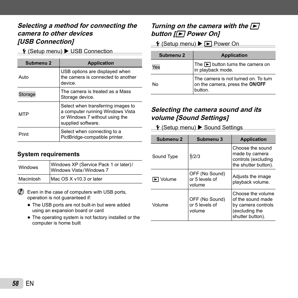 58 en, Turning on the camera with the | Olympus XZ-1 User Manual | Page 58 / 94