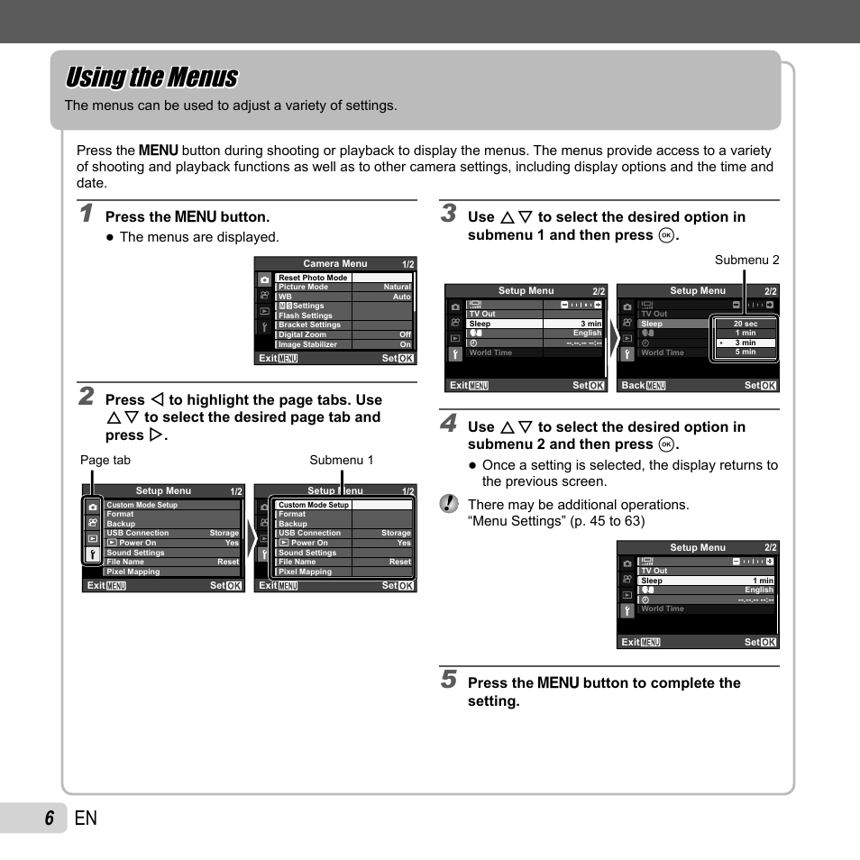 Using the menus, 6 en, Press the m button | Press the m button to complete the setting | Olympus XZ-1 User Manual | Page 6 / 94
