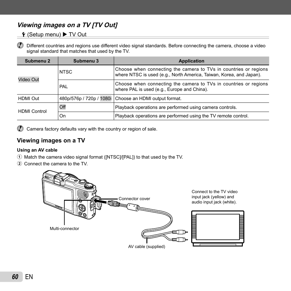 60 en, Viewing images on a tv [tv out | Olympus XZ-1 User Manual | Page 60 / 94