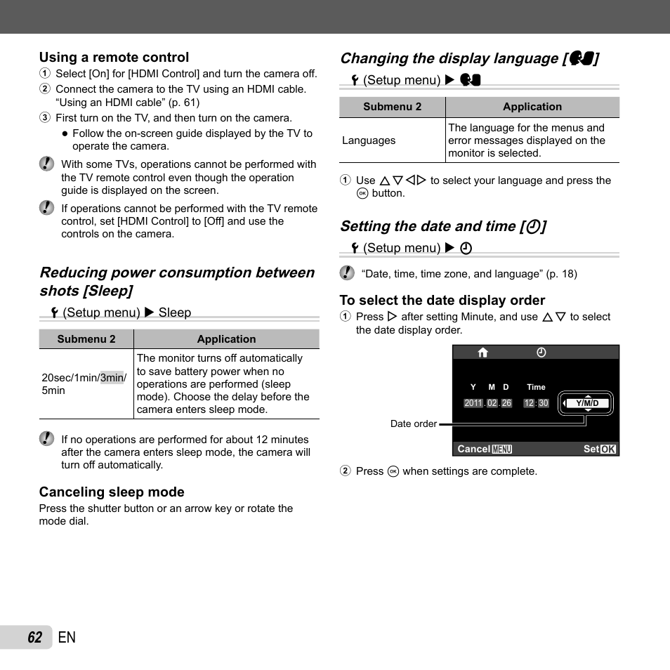 62 en, Changing the display language, Changing the display language [ w w | Setting the date and time, Setting the date and time [ x x | Olympus XZ-1 User Manual | Page 62 / 94