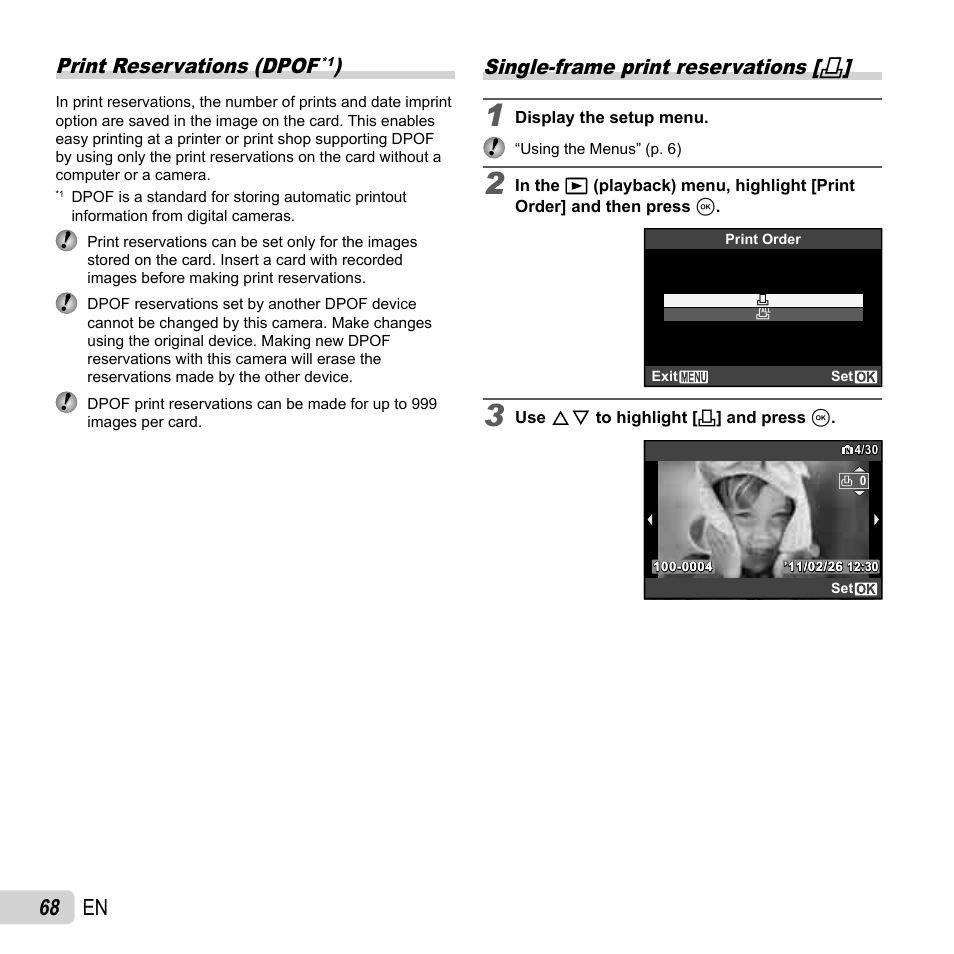 68 en, Print reservations (dpof, Single-frame print reservations | Olympus XZ-1 User Manual | Page 68 / 94