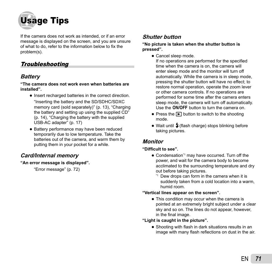Usage tips, 71 en, Troubleshooting | Olympus XZ-1 User Manual | Page 71 / 94