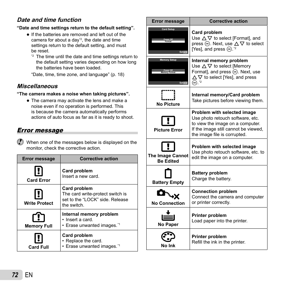 72 en, Error message, Date and time function | Miscellaneous | Olympus XZ-1 User Manual | Page 72 / 94