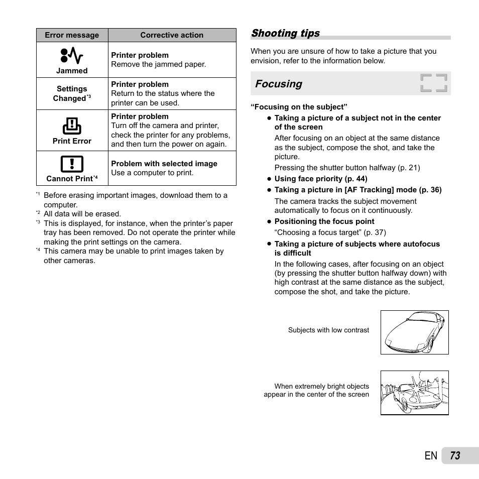 73 en, Shooting tips, Focusing | Olympus XZ-1 User Manual | Page 73 / 94