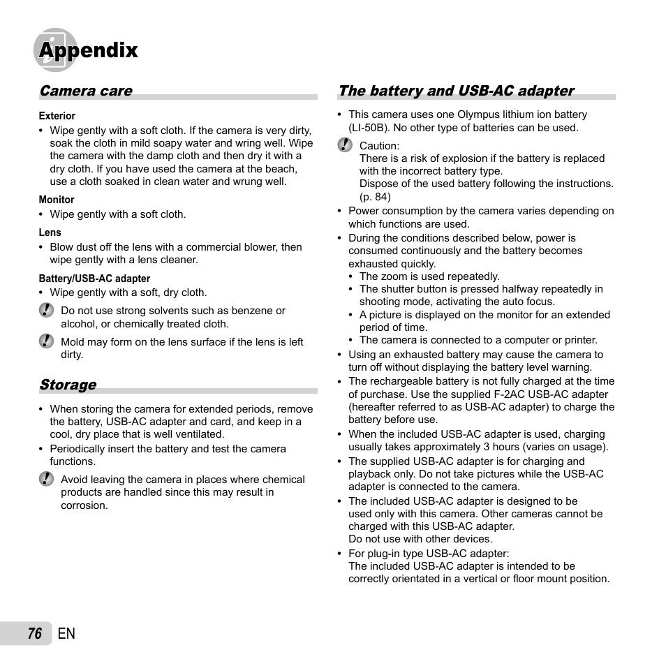 Appendix, 76 en, Camera care | Storage, The battery and usb-ac adapter | Olympus XZ-1 User Manual | Page 76 / 94
