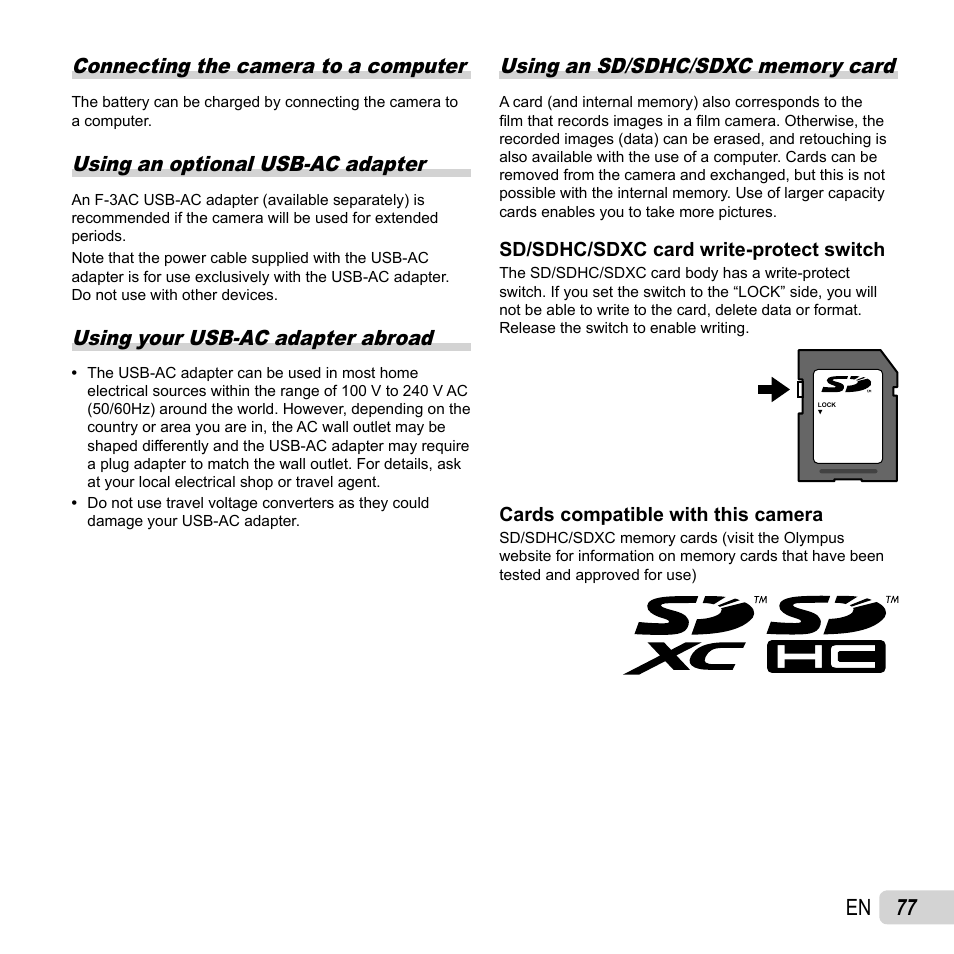 77 en, Connecting the camera to a computer, Using an optional usb-ac adapter | Using your usb-ac adapter abroad | Olympus XZ-1 User Manual | Page 77 / 94