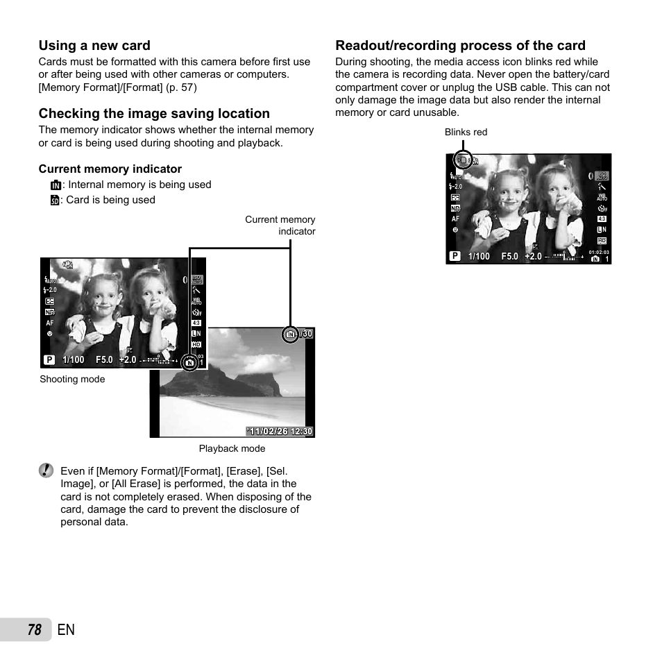 78 en, Using a new card, Checking the image saving location | Readout/recording process of the card | Olympus XZ-1 User Manual | Page 78 / 94