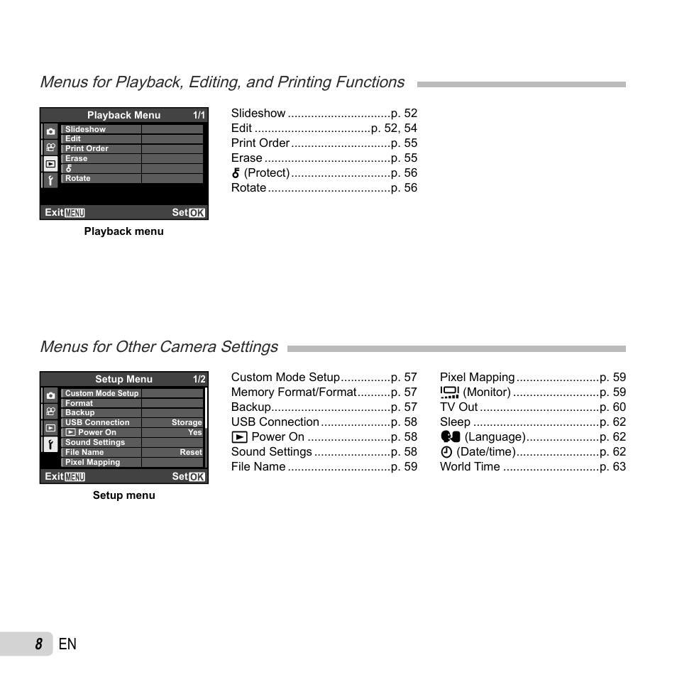 Menus for other camera settings, 8 en | Olympus XZ-1 User Manual | Page 8 / 94