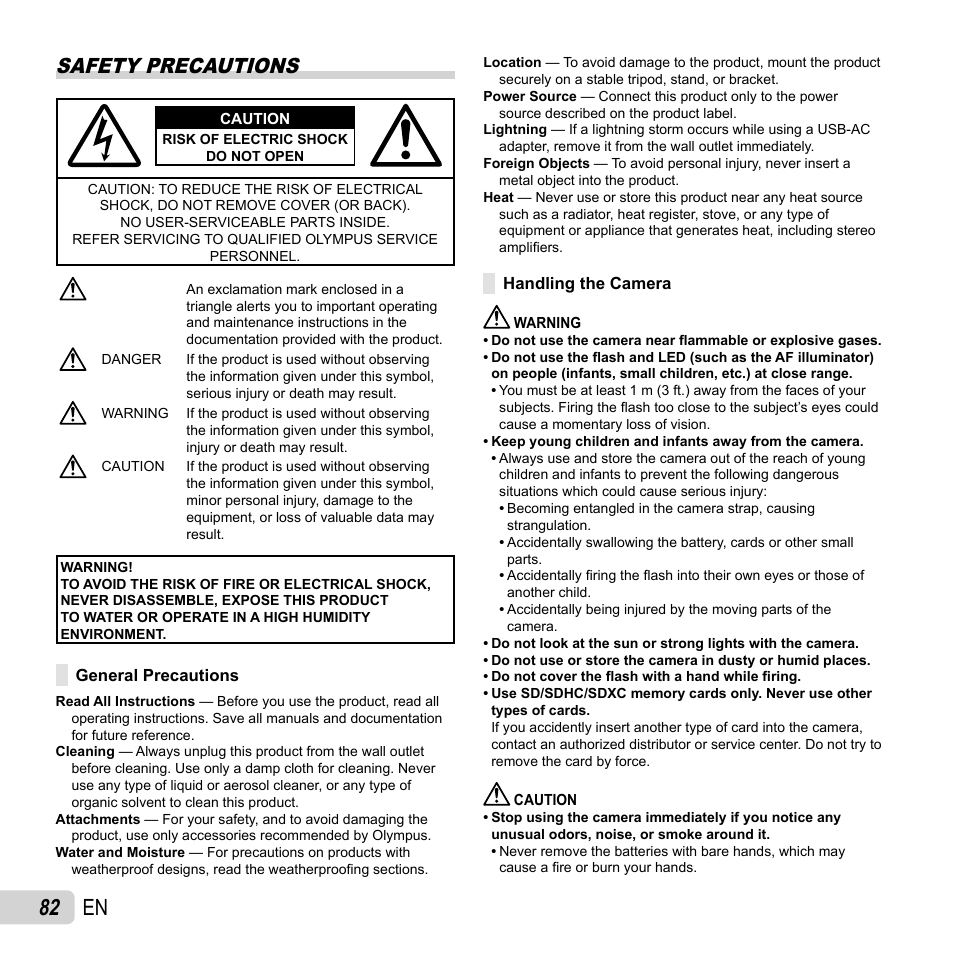 82 en, Safety precautions | Olympus XZ-1 User Manual | Page 82 / 94