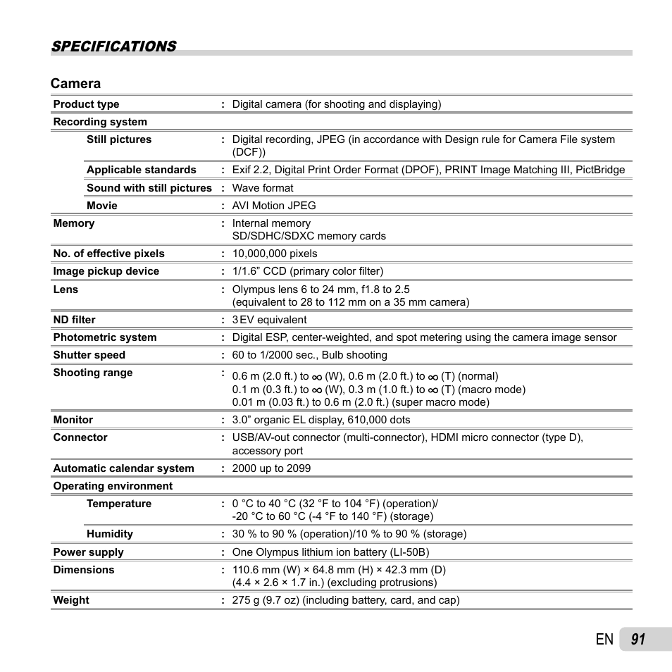 91 en, Specifications, Camera | Olympus XZ-1 User Manual | Page 91 / 94