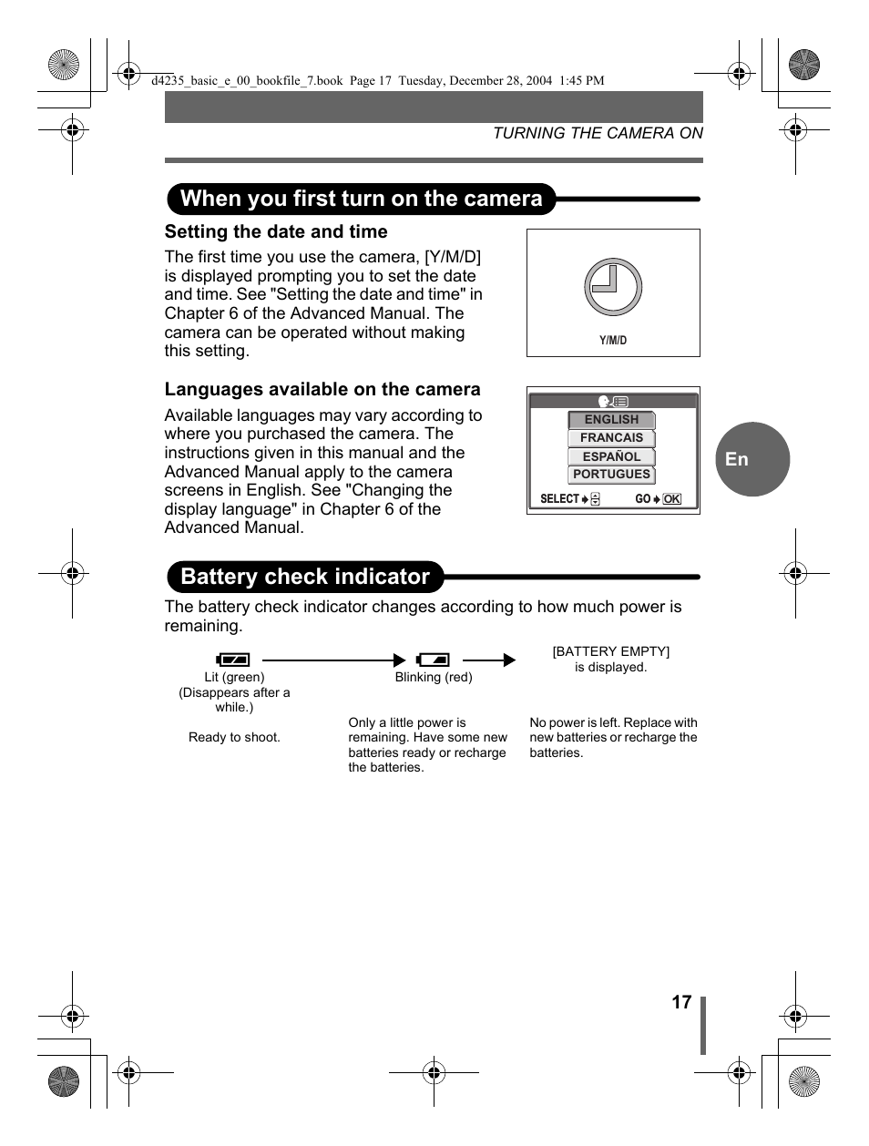 When you first turn on the camera, Battery check indicator, 17 en setting the date and time | Languages available on the camera | Olympus C-500 User Manual | Page 17 / 25