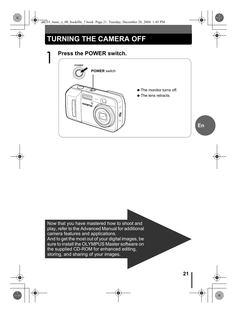 Turning the camera off | Olympus C-500 User Manual | Page 21 / 25